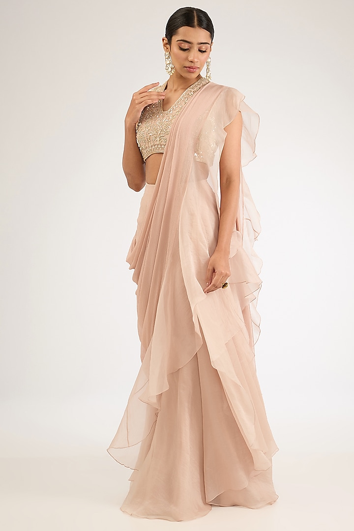 Dusty Pink Organza Draped Ruffled Saree Set by Ridhi Mehra at Pernia's Pop Up Shop