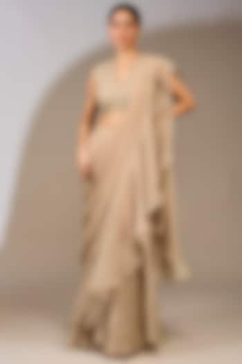 Champagne Chiffon Draped Ruffled Saree Set by Ridhi Mehra at Pernia's Pop Up Shop