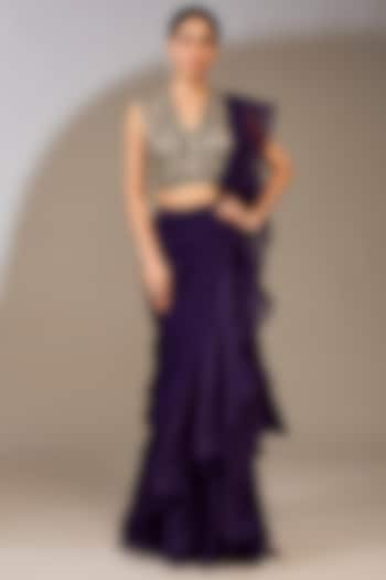 Purple Chiffon Draped Ruffled Saree Set by Ridhi Mehra at Pernia's Pop Up Shop