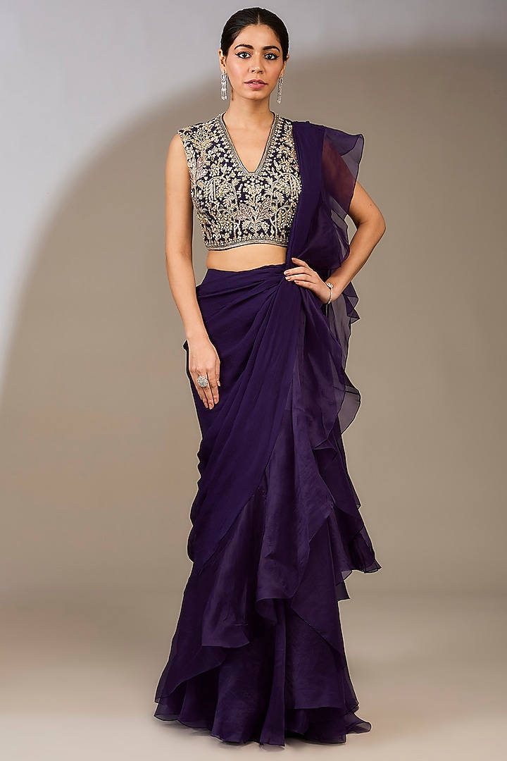 Purple Chiffon Draped Ruffled Saree Set by Ridhi Mehra at Pernia's Pop Up Shop