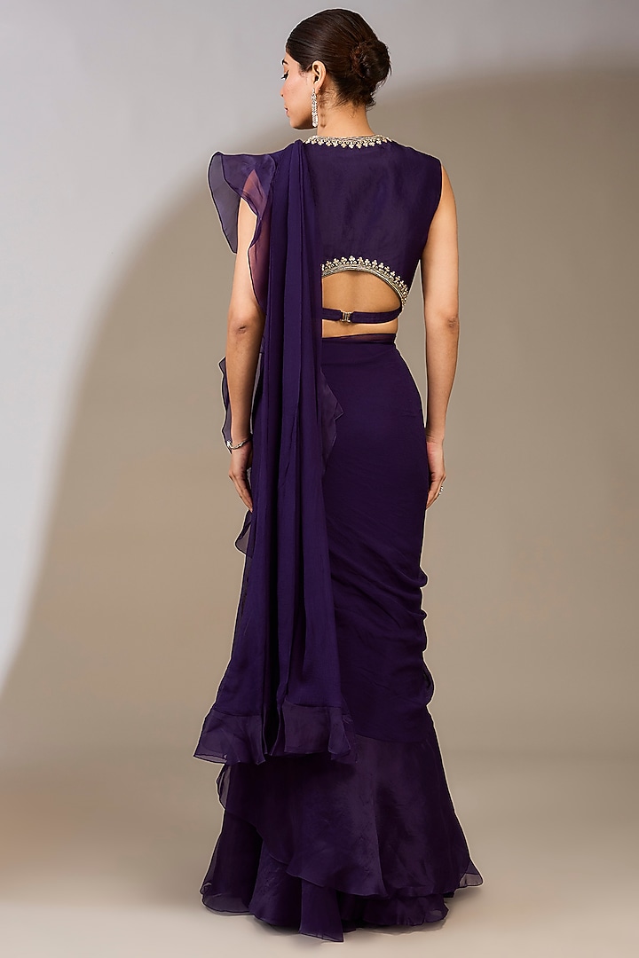 Purple Chiffon Draped Ruffled Reception Saree Set by Ridhi Mehra at Pernia's Pop Up Shop