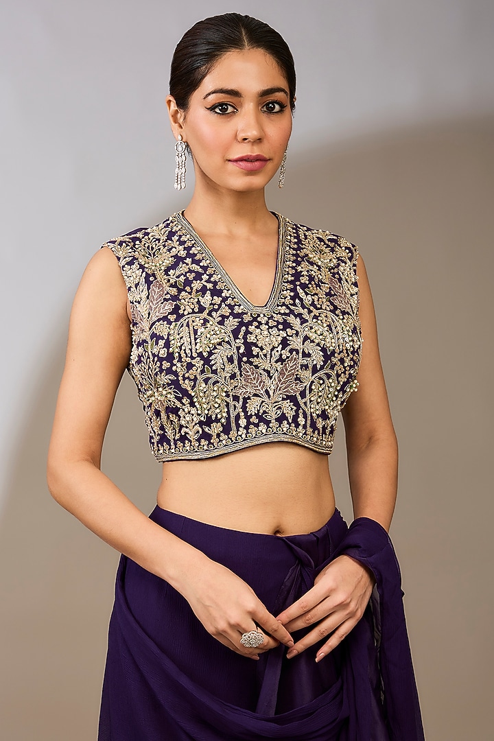 Purple Chiffon Draped Ruffled Reception Saree Set by Ridhi Mehra at Pernia's Pop Up Shop