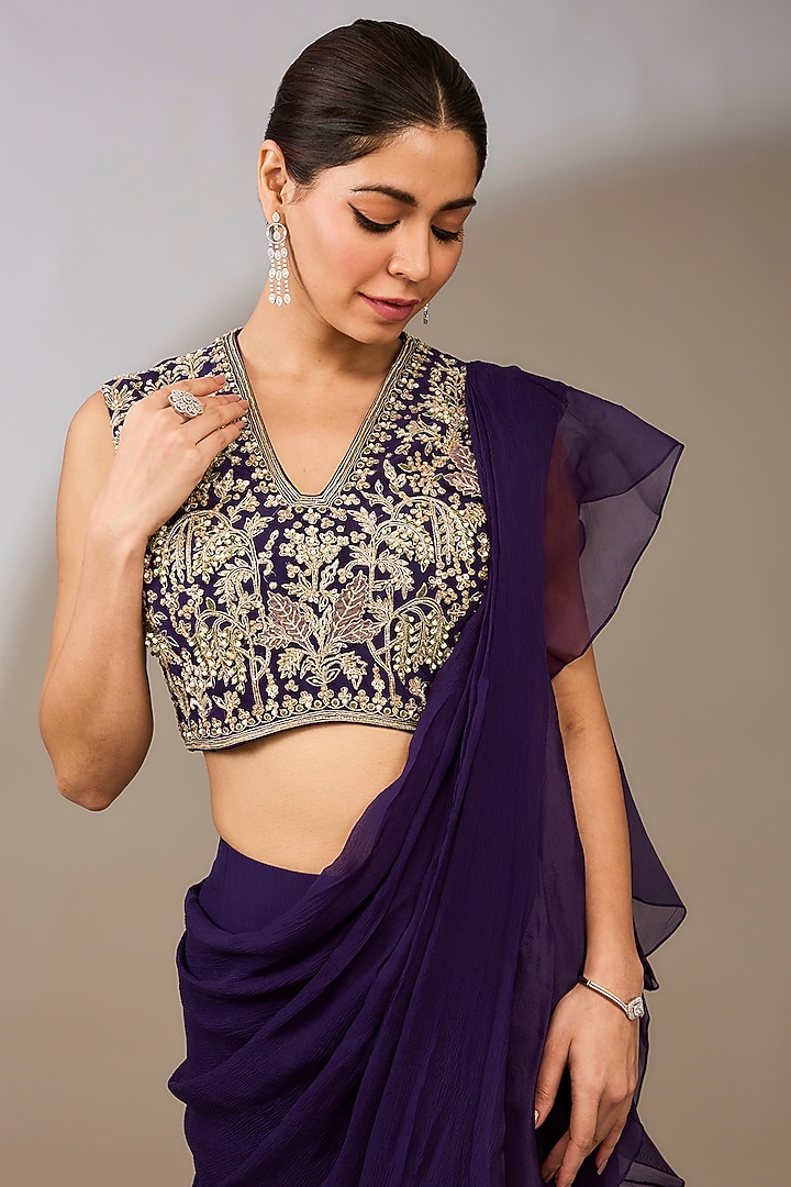 Purple Chiffon Draped Ruffled Reception Saree Set by Ridhi Mehra at Pernia's Pop Up Shop