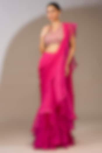 Royal Fuchsia Chiffon Draped Ruffled Saree Set by Ridhi Mehra at Pernia's Pop Up Shop