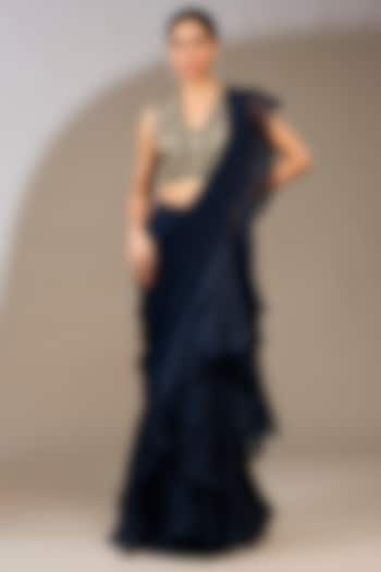 Navy Blue Chiffon Draped Ruffled Saree Set by Ridhi Mehra at Pernia's Pop Up Shop