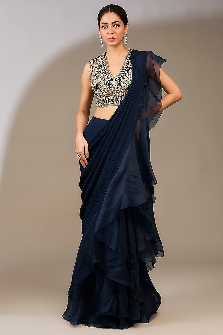 Navy Blue Chiffon Draped Ruffled Saree Set by Ridhi Mehra at Pernia's Pop Up Shop