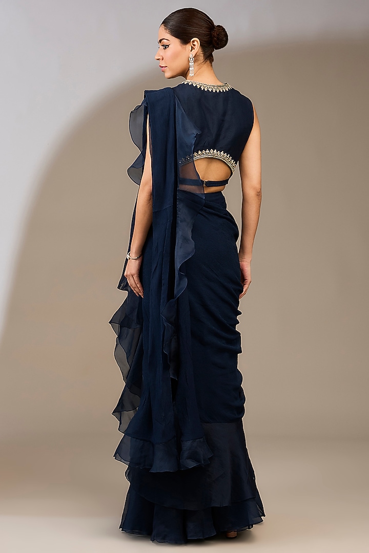 Navy Blue Chiffon Draped Ruffled Reception Saree Set by Ridhi Mehra at Pernia's Pop Up Shop