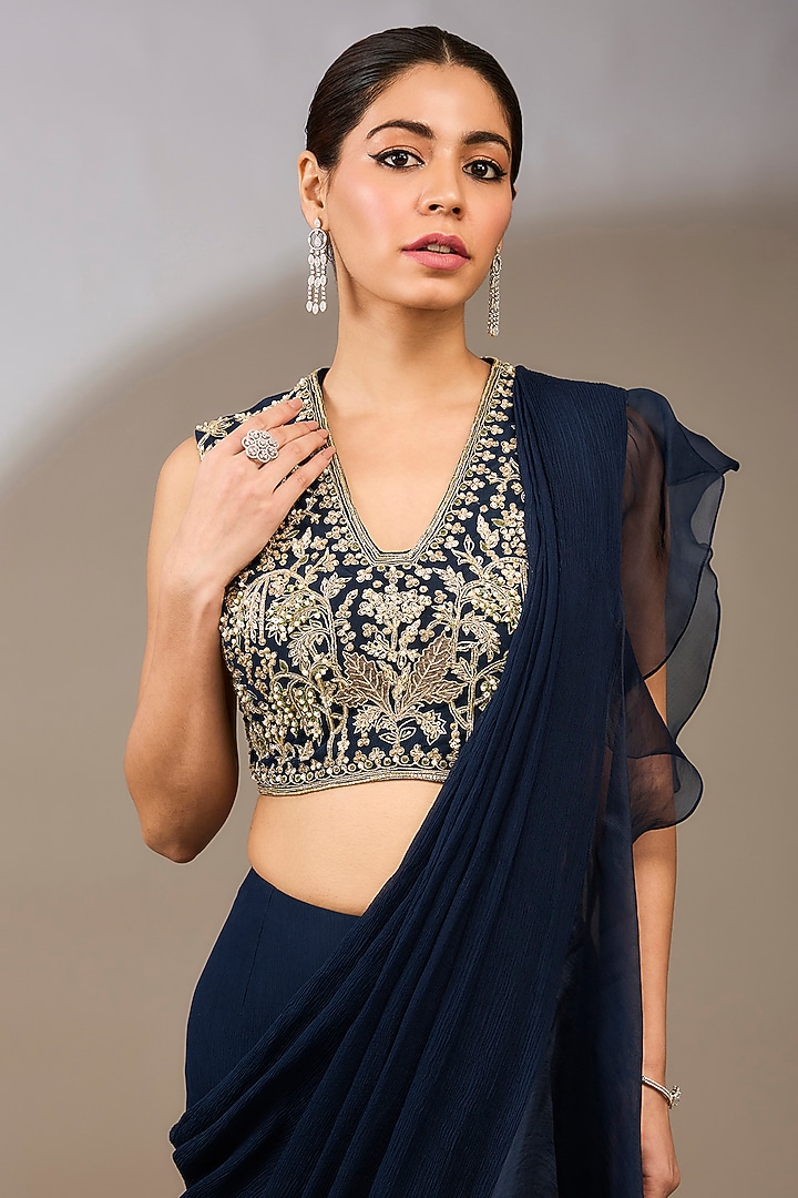 Navy Blue Chiffon Draped Ruffled Reception Saree Set by Ridhi Mehra at Pernia's Pop Up Shop