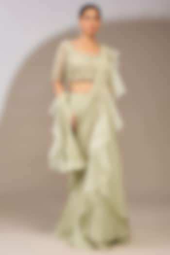 Silver & Green Chiffon Draped Ruffled Saree Set by Ridhi Mehra at Pernia's Pop Up Shop