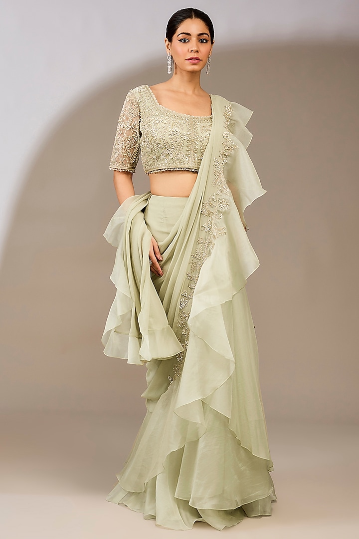 Silver & Green Chiffon Draped Ruffled Saree Set by Ridhi Mehra at Pernia's Pop Up Shop