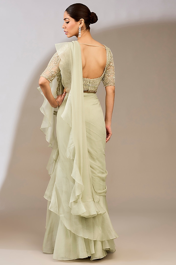 Silver & Green Chiffon Draped Ruffled Reception Saree Set by Ridhi Mehra at Pernia's Pop Up Shop