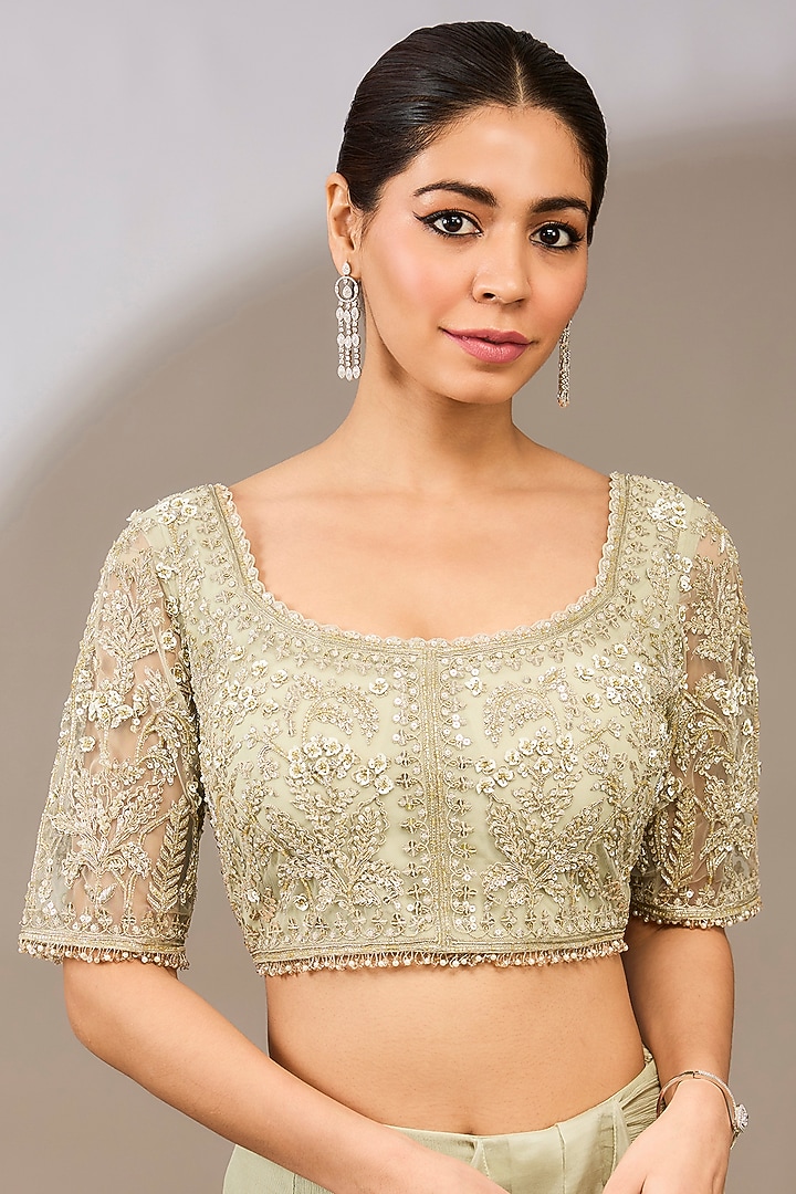 Silver & Green Chiffon Draped Ruffled Reception Saree Set by Ridhi Mehra at Pernia's Pop Up Shop