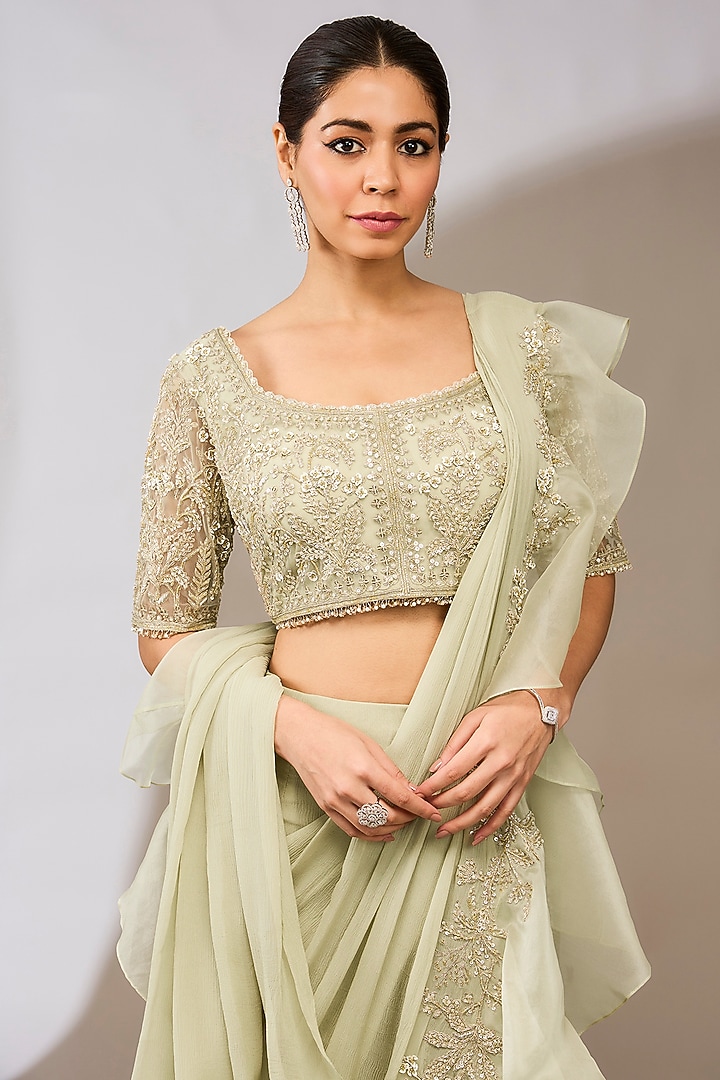 Silver & Green Chiffon Draped Ruffled Reception Saree Set by Ridhi Mehra at Pernia's Pop Up Shop