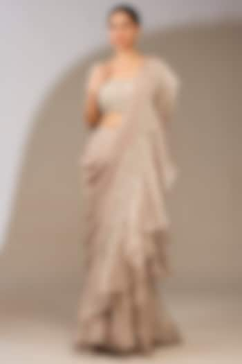 Champagne Chiffon Draped Ruffled Saree Set by Ridhi Mehra at Pernia's Pop Up Shop