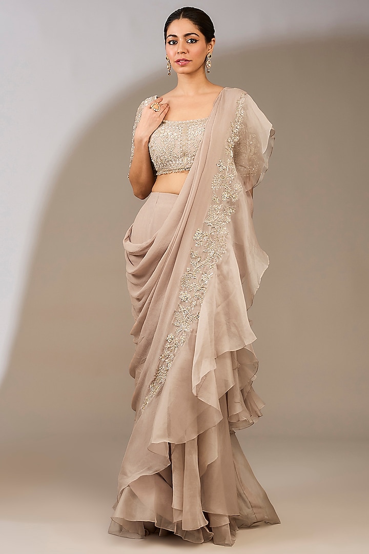 Champagne Chiffon Draped Ruffled Saree Set by Ridhi Mehra at Pernia's Pop Up Shop