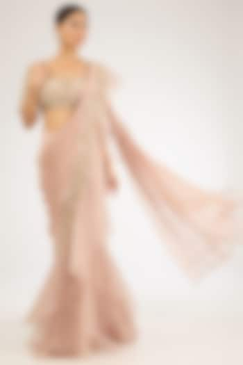 Dusty Pink Organza Draped Ruffled Saree Set by Ridhi Mehra at Pernia's Pop Up Shop