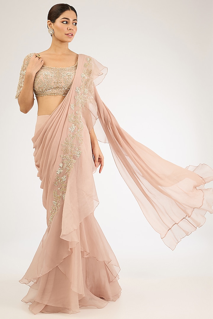 Dusty Pink Organza Draped Ruffled Saree Set by Ridhi Mehra at Pernia's Pop Up Shop