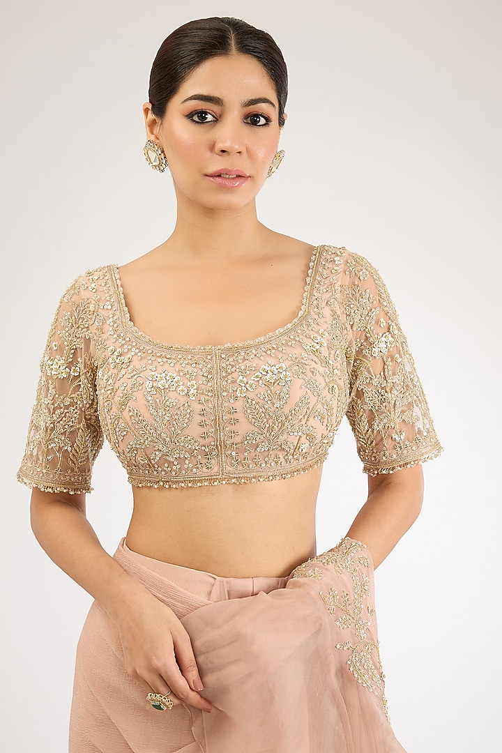 Dusty Pink Organza Draped Ruffled Reception Saree Set by Ridhi Mehra at Pernia's Pop Up Shop