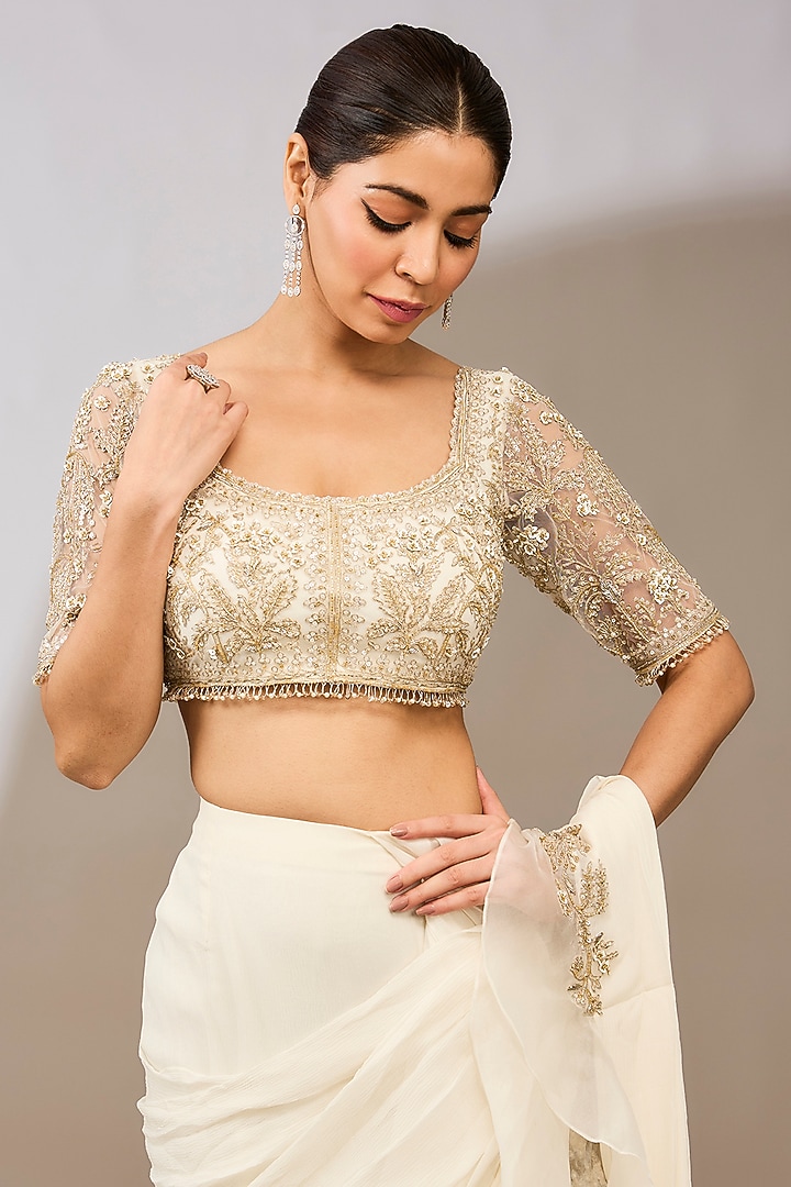 Ivory Chiffon Draped Ruffled Reception Saree Set by Ridhi Mehra at Pernia's Pop Up Shop