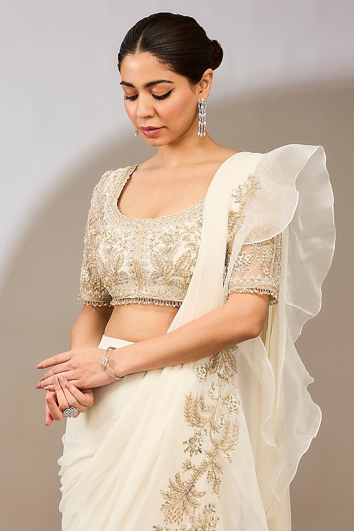 Ivory Chiffon Draped Ruffled Reception Saree Set by Ridhi Mehra at Pernia's Pop Up Shop