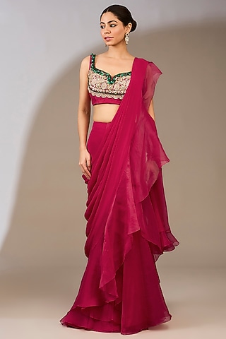 Fuschia Chiffon Draped Ruffled Saree Set by Ridhi Mehra