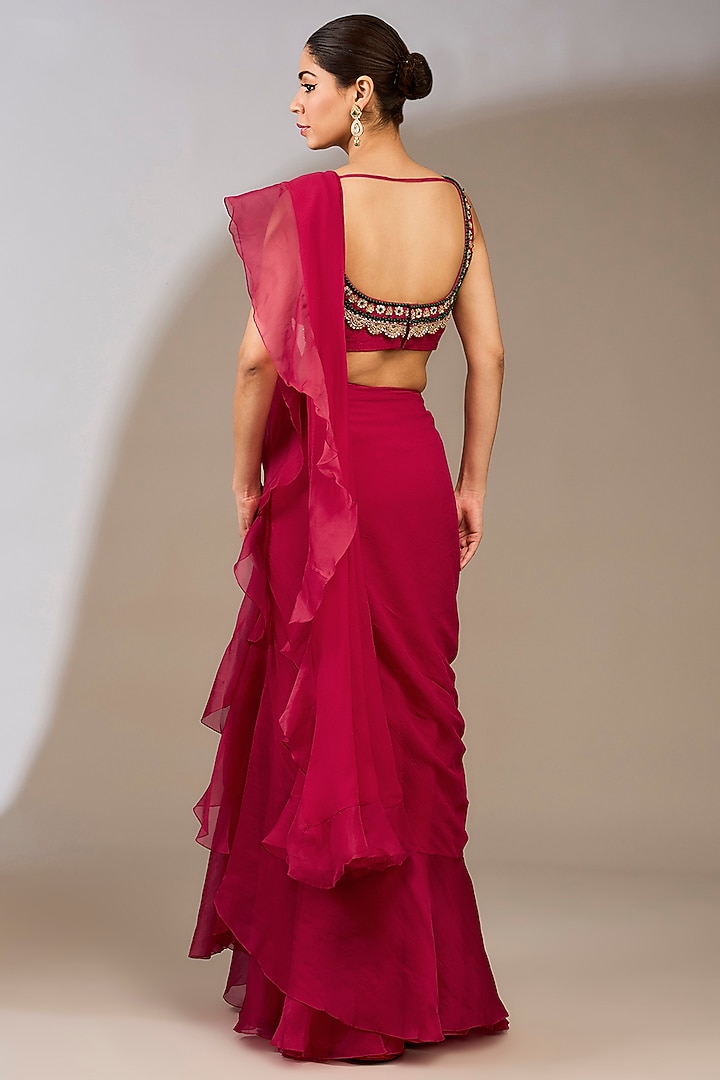 Fuschia Chiffon Draped Ruffled Reception Saree Set by Ridhi Mehra at Pernia's Pop Up Shop