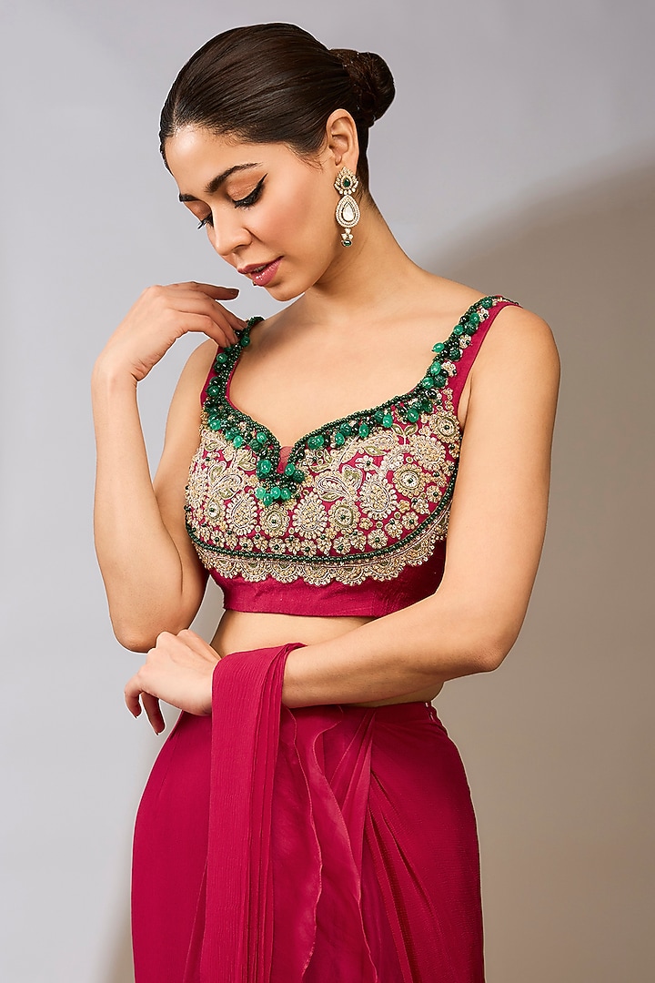 Fuschia Chiffon Draped Ruffled Reception Saree Set by Ridhi Mehra at Pernia's Pop Up Shop