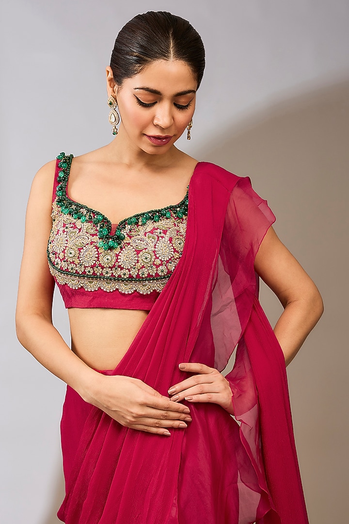 Fuschia Chiffon Draped Ruffled Reception Saree Set by Ridhi Mehra at Pernia's Pop Up Shop