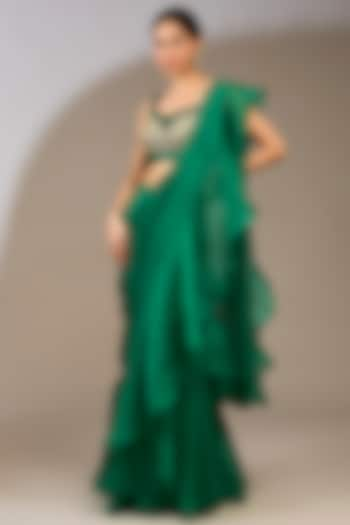 Emerald Green Chiffon Draped Ruffled Saree Set by Ridhi Mehra at Pernia's Pop Up Shop