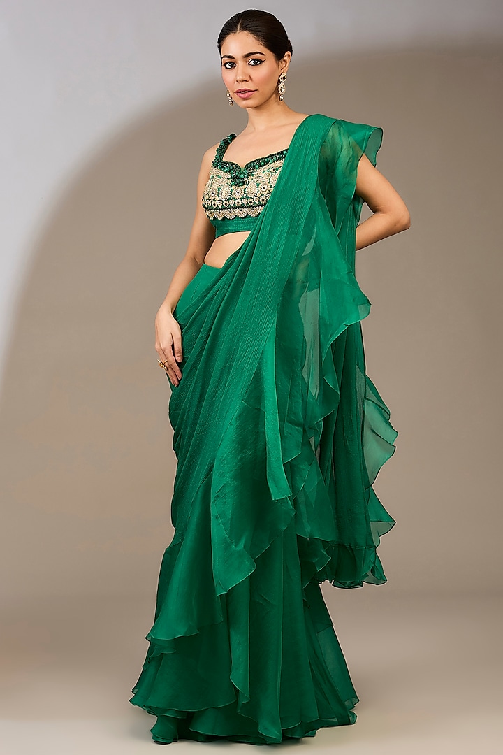 Emerald Green Chiffon Draped Ruffled Saree Set by Ridhi Mehra at Pernia's Pop Up Shop