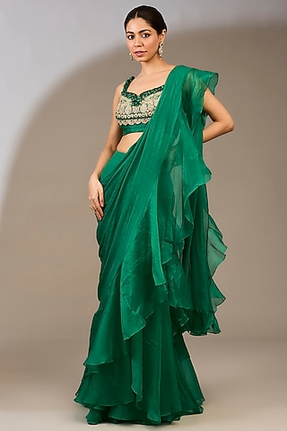 Emerald Green Chiffon Draped Ruffled Saree Set by Ridhi Mehra