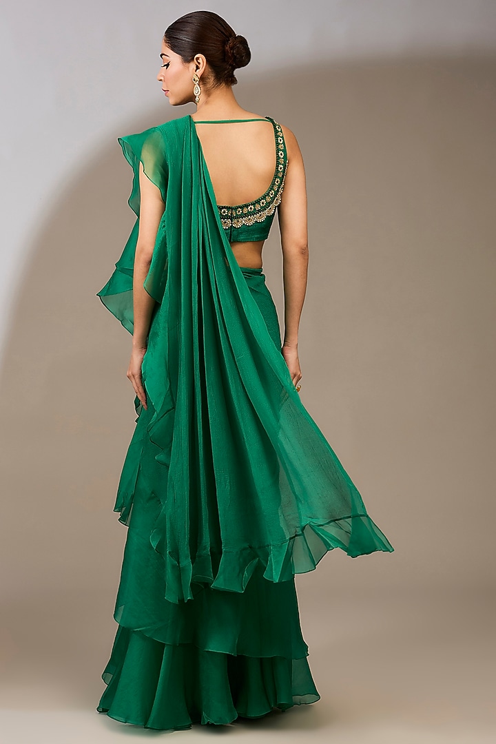 Emerald Green Chiffon Draped Ruffled Reception Saree Set by Ridhi Mehra at Pernia's Pop Up Shop