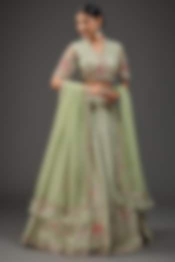 Silver-Green Raw Silk Embroidered Bridal Lehenga Set by Ridhi Mehra at Pernia's Pop Up Shop