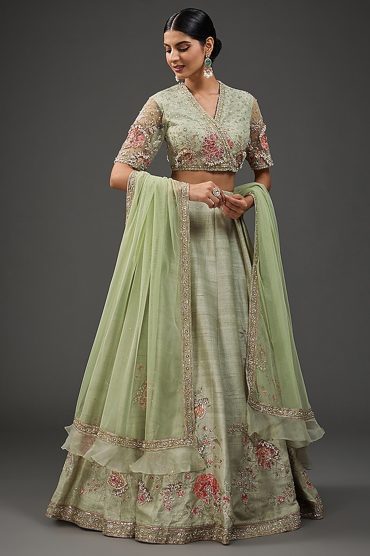 Silver-Green Raw Silk Embroidered Bridal Lehenga Set by Ridhi Mehra at Pernia's Pop Up Shop