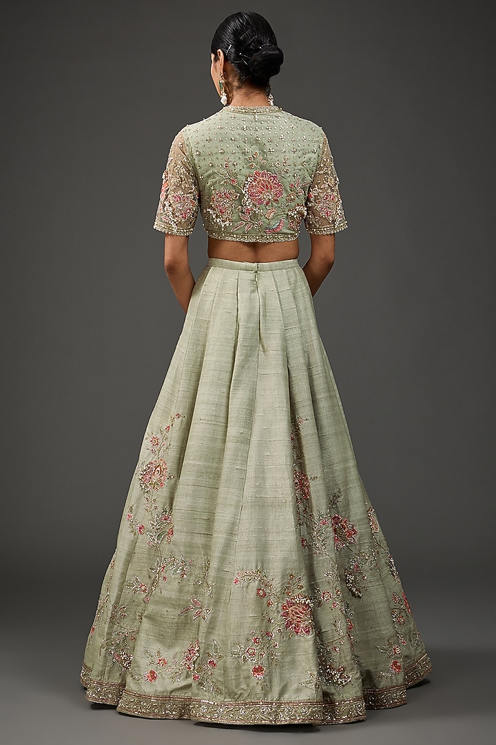 Silver-Green Raw Silk Embroidered Bridal Lehenga Set by Ridhi Mehra at Pernia's Pop Up Shop