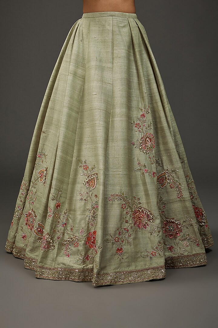 Silver-Green Raw Silk Embroidered Bridal Lehenga Set by Ridhi Mehra at Pernia's Pop Up Shop