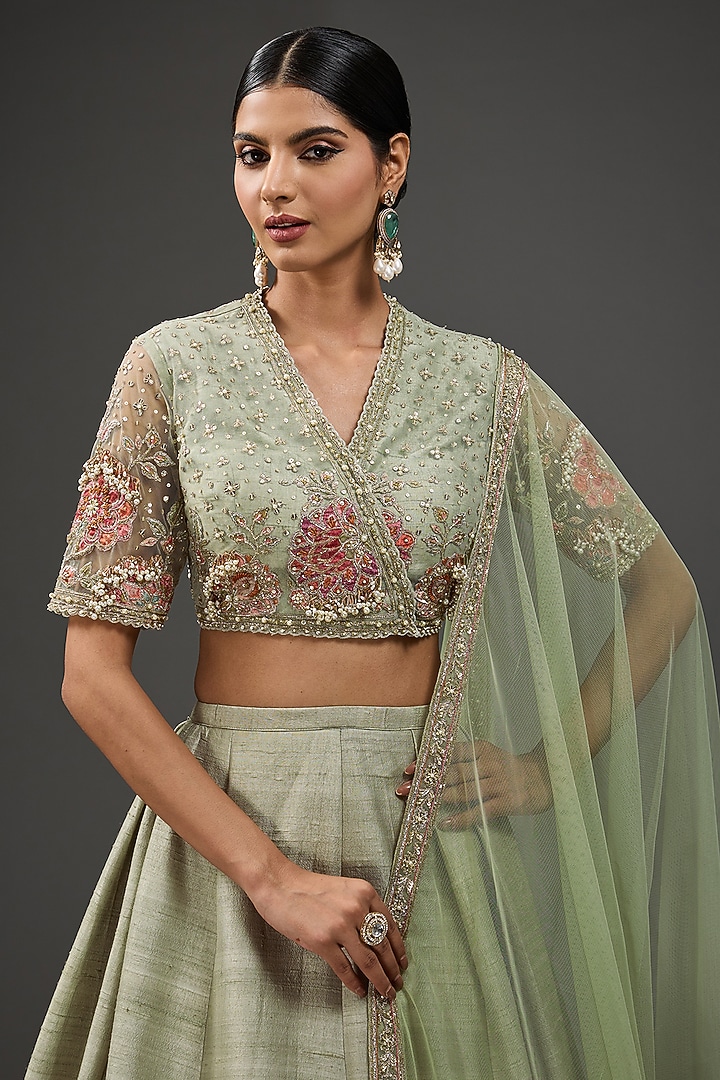 Silver-Green Raw Silk Embroidered Bridal Lehenga Set by Ridhi Mehra at Pernia's Pop Up Shop