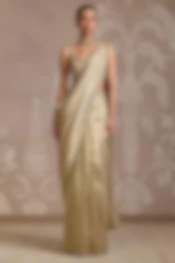 Light Gold Tissue Embroidered Stitched Reception Saree Set by Ridhi Mehra at Pernia's Pop Up Shop