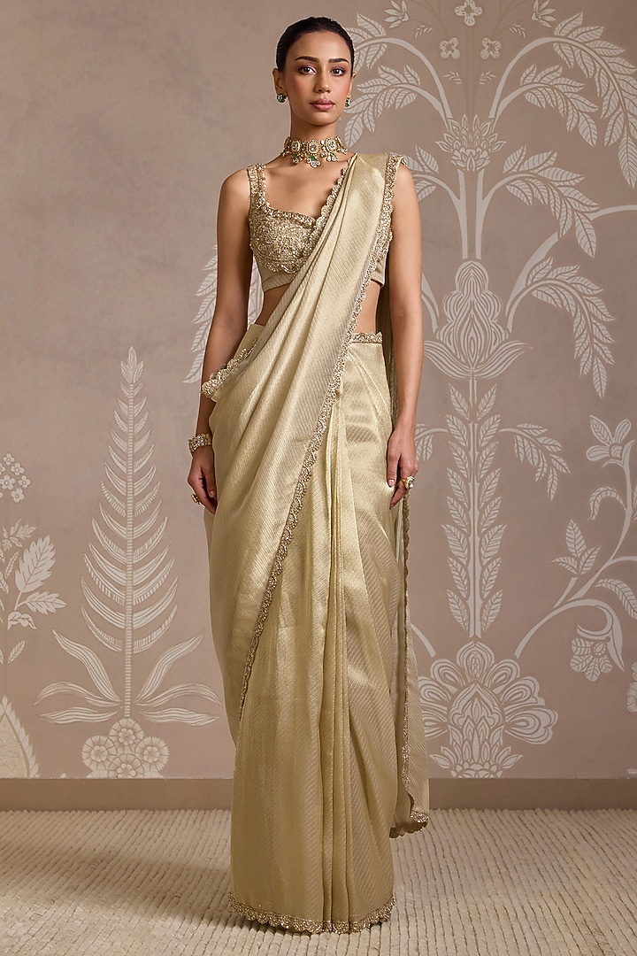 Light Gold Tissue Embroidered Stitched Reception Saree Set by Ridhi Mehra at Pernia's Pop Up Shop