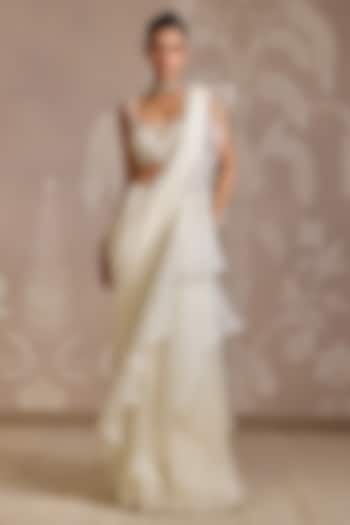 Ivory Chiffon & Organza Ruffled Draped Reception Saree Set by Ridhi Mehra at Pernia's Pop Up Shop