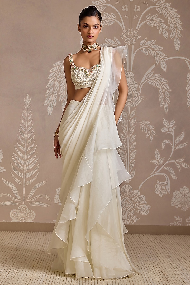 Ivory Chiffon & Organza Ruffled Draped Reception Saree Set by Ridhi Mehra at Pernia's Pop Up Shop