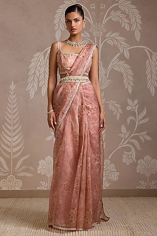 Coral Gold Organza Saree Set by Ridhi Mehra