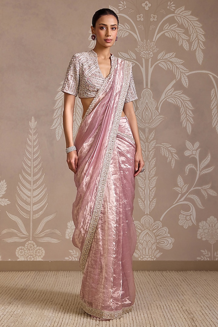Lilac Gold Tissue Embroidered Stitched Reception Saree Set by Ridhi Mehra at Pernia's Pop Up Shop