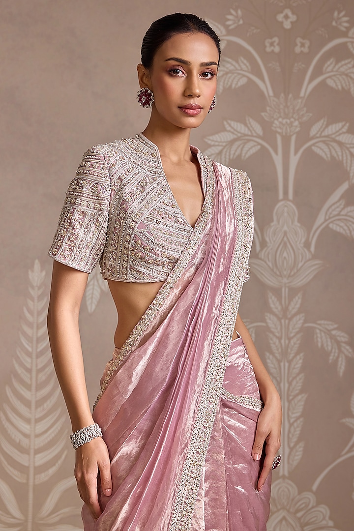 Lilac Gold Tissue Embroidered Stitched Reception Saree Set by Ridhi Mehra at Pernia's Pop Up Shop