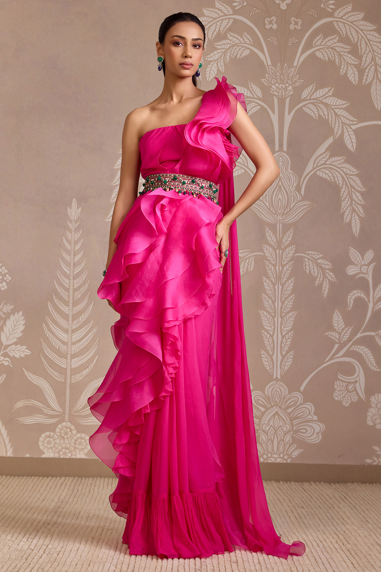 Fuchsia Chiffon & Organza Ruffled Reception Saree Gown With Belt by Ridhi Mehra at Pernia's Pop Up Shop