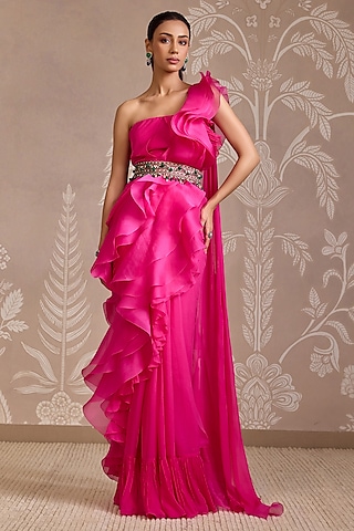Fuchsia Chiffon & Organza Ruffled Saree Gown With Belt by Ridhi Mehra