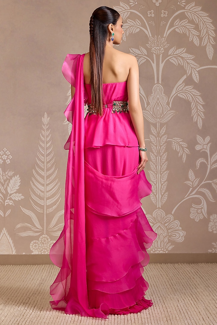 Fuchsia Chiffon & Organza Ruffled Reception Saree Gown With Belt by Ridhi Mehra at Pernia's Pop Up Shop