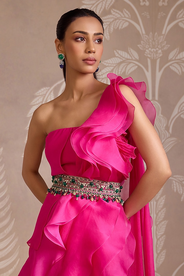 Fuchsia Chiffon & Organza Ruffled Reception Saree Gown With Belt by Ridhi Mehra at Pernia's Pop Up Shop