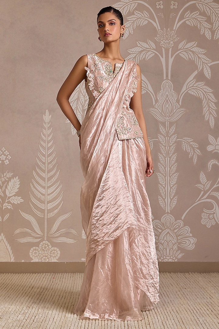Rose Gold Tissue Stitched Ruffled Reception Saree Set by Ridhi Mehra at Pernia's Pop Up Shop