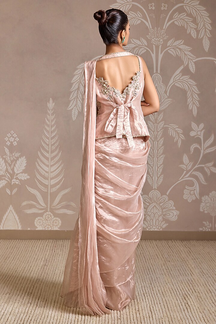 Rose Gold Tissue Stitched Ruffled Reception Saree Set by Ridhi Mehra at Pernia's Pop Up Shop